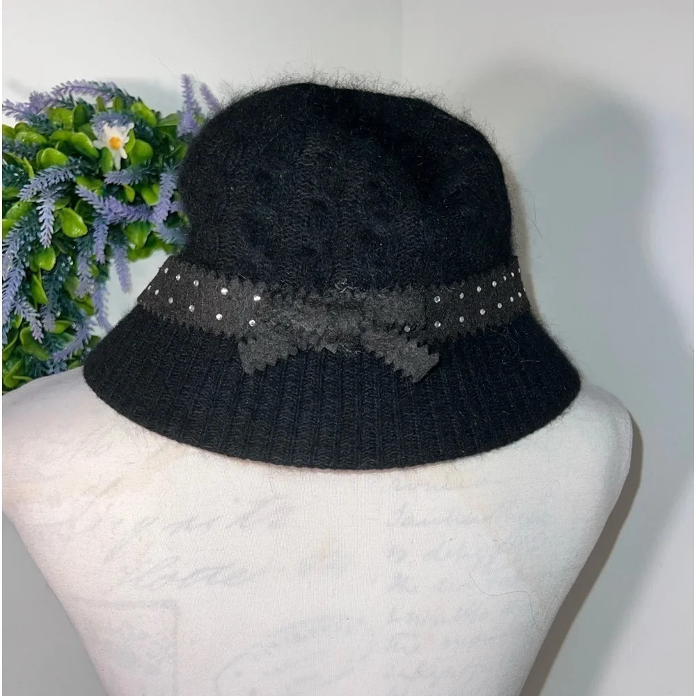 Vintage Angora cloche hat with rhinestones and bow accent, sizeS/M, @ 22-23 in